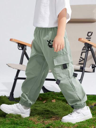 SHEIN Quần Cargo dáng rộng, có dây rút, họa tiết thể thao thường ngày dành cho bé trai tuổi teen, thích hợp mặc đi làm, đi học, thường ngày, du lịch, thể thao, xuân/hè/thu/đông