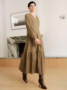 Uhlyne Women's Vintage V-Neck Commuter Dress, Old Money Style, Basic V-Neck Long Sleeve Fitted Sexy Elegant Pleated Hem With Zipper Fall Cloth For Women