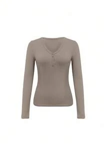 INAWLY 3件套女式纯色V领插肩袖修身休闲亨利衫T恤套装 - 彩色 - 查看 4