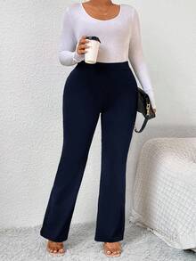 SHEIN Frenchy Plus Size Solid Color High Waist Slim Fit Casual Pants For Women Bell Bottom Pants Flared Pants Navy Blue Pants Flare Leg Pants Bootcut Pants - Navy Blue - View 6