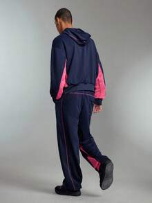 Prep Men's Contrast Color Casual Hoodie And Pants Set, Fall Clothes - Navy Blue - View 6