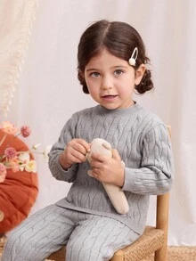 Blossori Baby Girl Cable Pattern Long Sleeve Sweater And Knitted Pants Set, Autumn Fall Winter - Grey - View 3