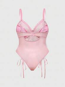 ROMWE Kawaii Bộ đồ lót gợi cảm cỡ lớn với ren và lưới phối hợp, thắt nơ. - Hồng - Xem 2