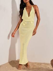 Opulessa Cubre de mujer con cuello halter y espalda descubierta con decoración de flores 3D, para vacaciones y playa