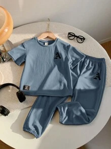 2件套年轻男童休闲舒适百搭图案印花短袖T恤和裤子套装 - 霧霾藍 - 查看 3