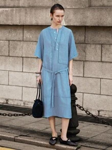 Lumivelle Women's Casual Everyday Simple Solid Color Half-Button Front Tie Waist Loose Dress, Summer All White Summer Dress Clothes For University - Blue - View 6