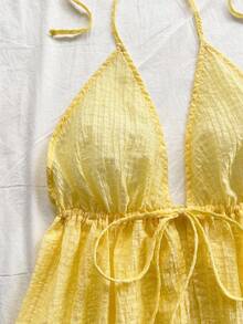 SHEIN WYWH Resort Halter Neck Backless Cropped Blouse, Jacquard Textured Magenta, For Women,Butter Yellow - Mustard Yellow - View 4
