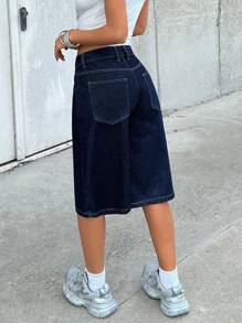 EURMUSE 女式低腰长款直筒短裤深蓝色水洗 - 深色水洗藍 - 查看 2