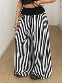 Maweii 大码女士休闲条纹拼接宽松裤，适合通勤，秋冬季 - 黑與白 - 查看 5