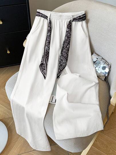 Franclia 女士时尚纯色口袋喇叭裤，配雪纺围巾腰带