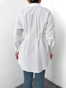EURMUSE Plus Size Cotton Drop Shoulder Fold Pleated Curved Hem Shirt Oversized Button Up Women White Shirt Dress Long Sleeve White Dress Women Shirt Dress Long Shirt - White - View 2