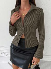Chiquease 女式条纹长袖单排扣休闲/工作衬衫 - 軍綠色 - 查看 5