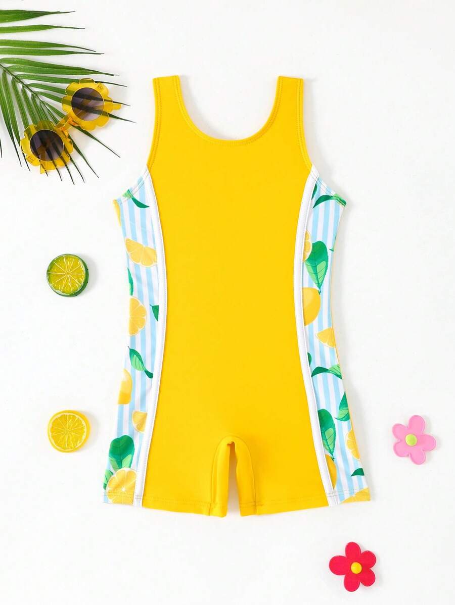 Sparklyn Little Girls 3-7 Years Lemon Pattern Sleeveless One-Piece Swimsuit Side Striped Bathing Suit Quick-Dry Elastic Swimwear For Summer Water Play - Yellow - View 1