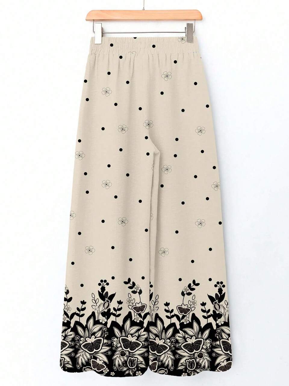 Women's Elastic Waist Wide Leg Casual Printed Pants, Autumn/Winter Butterfly Print Skirt Floral Black And White Pattern Drawstring Skirt,Fall,Casual