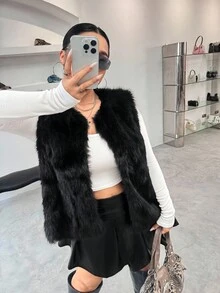 SHEIN EZwear 大码女式前开宽松背心蓬松冬季外套 - 黑色 - 查看 3