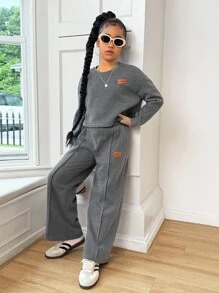 Tween Girl Casual Loose Drop Shoulder Patched Long Sleeve Sweatshirt And Pleated Long Pants Set, Suitable For Home, Outdoor, And School, Grey. Sibling Matching Outfits (2 Pieces Sold Separately) Autumn Clothing Fall Winter - Dark Grey - View 4