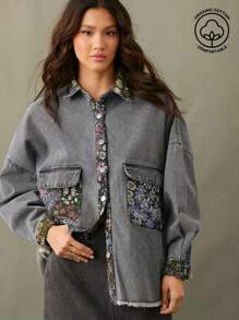 WESTFADE Contrast Vintage Floral Tapestry Denim Shirt Jacket Shacket Cowgirl - Dark Grey - View 1