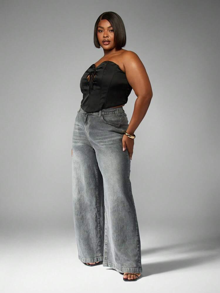 MISSGUIDED PLUS Wide Leg High Rise Grey Wash Denim Pants