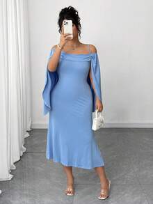 Elenzga Große Größen einfarbiges Off-Shoulder Rüschen-Saum figurbetontes Sommerkleid