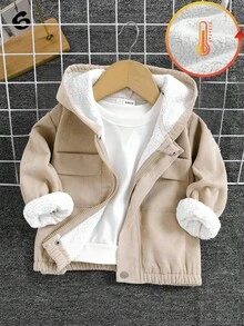 SHEIN 6个月-3岁男婴秋冬季灯芯绒连帽拉链外套，适合通勤、上学、休闲、旅行、运动、居家等场合，儿童/婴儿服装，男婴冬季外套，男婴冬季服装，男婴冬季夹克，男童抓绒外套，冬季服装，男婴冬季外套，冬季夹克，男婴秋季 - 杏色 - 查看 3
