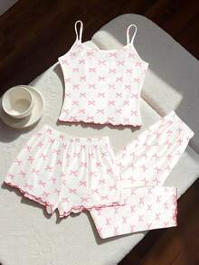 SHEIN 3pcs Tween Girls Casual Knit Pajama Set, Pink Cute Bow Print Camisole, Long Pants & Shorts - Baby Pink - View 1