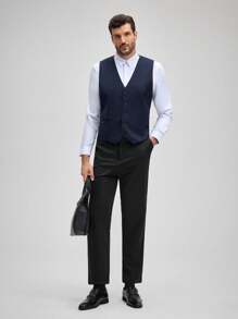 OFFICEAU Men 1pc Button Front Waistcoat, Formal Business, Old Money Spring To Summer - Navy Blue - View 4