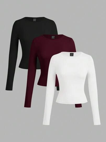 SHEIN EZwear 3 قطع تيشيرت كاجوال بياقة عالية ضيق بأكمام طويلة للنساء، أسود/بوردو/أبيض، خريف/شتاء