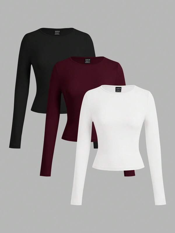 SHEIN EZwear Conjunto de 3 peças de camiseta feminina casual de gola alta, slim fit, manga comprida, preto/bordô/branco, outono/inverno