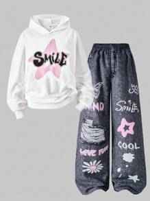 SHEIN Streecool Kids 2pcs/Set Teen Girl Hoodie Sweatshirt & Printed Pants Set Fall Winter