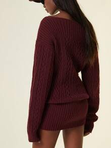 Autumn/Winter New Slouchy Elastic Fitted Off Shoulder Sweater Dress Fall Cloth For Women - Burgundy - View 2