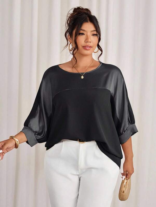 Cravure Plus Size Round Neck 3/4 Sleeve Metallic Fabric Patchwork Color-Blocking Raglan Sleeve Casual Pullover Shirt For Outing, Vacation, Commute, Party Plus Size Blouse Curve Blouse Plus Size Batwing Sleeve Top Plus Size Oversized Top