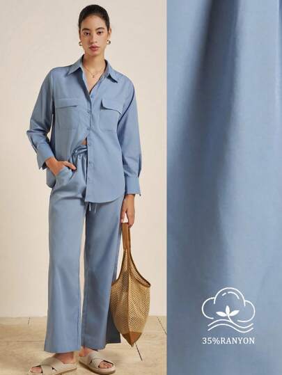 Airaco 女式纯色长袖单排扣工装口袋衬衫和休闲裤两件套