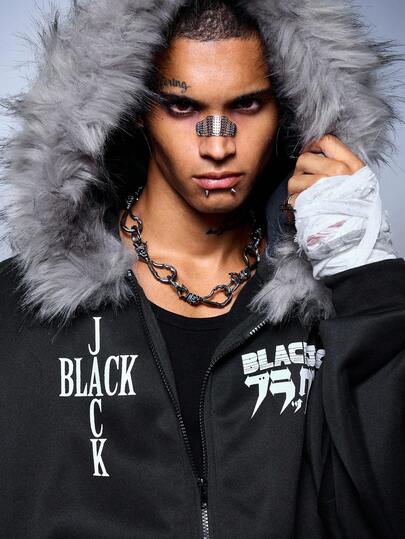 Black Jack X ROMWE Men's Loose Letter Graphic Fuzzy Trim Hooded Sweatshirt, Fall Winter