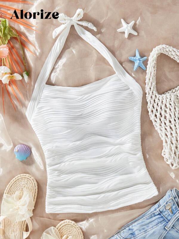 Teen Girl Fashionable & Cute Wavy Pattern Halter Top With Bow Strap, Comfortable Spring Summer For Casual Wear & Party