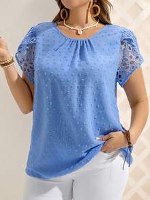 EMERY ROSE Áo kiểu nữ cỡ lớn cổ tròn tay ngắn họa tiết hoa cánh hoa, thích hợp mặc mùa hè, đi nghỉ mát ở vùng nhiệt đới, kín đáo, chất liệu ren, hoa, mùa xuân. - Màu xanh lam - Xem 6