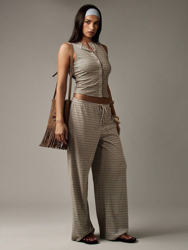 MISSGUIDED Two Piece Button Through Coordinated Outfit Wide Leg Drawstring Pants Summer Holiday Beach Boho Matching Set Loungewear Casual Vacation Attire Spring Resort Wear