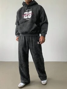 DAZY Men's Vintage Letter Print Hoodie Set, Streetwear Style, Autumn - Black - View 6