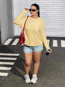 SHEIN EZwear Camiseta de manga larga de unicolor informal de talla grande, primavera/otoño