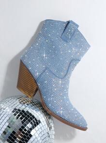 SHUZIA 畅销女款炫彩水钻牛仔西部短靴：Tayler Swit 灵感，节日必备，永恒奢华 - 藍色 - 查看 3