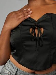 MISSGUIDED PLUS Plus Size Satin Corset Top With Lace Up Front Detail Bustier Crop Tank Evening Party Club Wear Night Out Strapless Fashion Top - Black - View 5