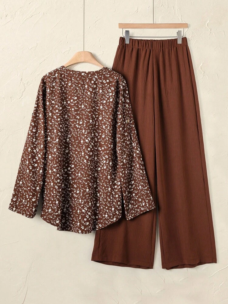 2pcs Women Ditsy Floral Print Shirt And Pants Set Fall Clothes For Women  Autumn Clothes  Autumn Women Women's Winter Clothes