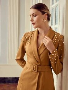 ZEYLAH Women's Elegant Mid-Length Dress With Beaded Collar And Long Sleeves Fall Cloth For Women - Brown - View 7