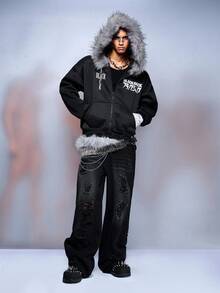 ROMWE MEN Black Jack X ROMWE Sudadera con capucha suelta con gráfico de letras y ribete de felpa para hombre, otoño e invierno - Negro - Ver 6
