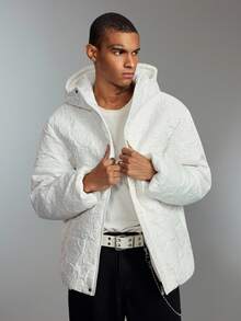 ROMWE MEN Men's Casual Embossed Hooded Zip-Up Padded Coat, Warm For Autumn/Winter - Beige - View 4