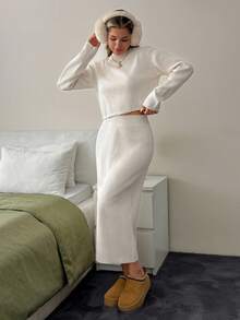 EURMUSE Women Fit Sweater And Sweater Skirt 2pcs Set Co-Ords Ribbed Two Piece Set Knit Two Piece Set Cream Two Piece Set Comfortable Two Piece Set Two Piece Skirt Set White Ribbed Two Piece Set,Winter Clothes - Cream - View 3