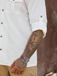 Manfinity Homme 男士白色口袋前扣长袖衬衫和卡其色裤子套装，秋季服装 - 彩色 - 查看 4