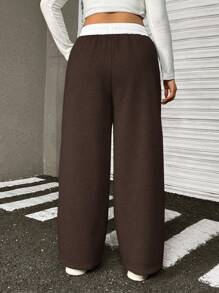 Muchica Quần dài ống rộng cạp cao có dây rút họa tiết chữ cỡ lớn dành cho nữ, màu nâu - màu nâu - Xem 2