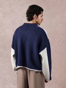 SUMWON Retro Color Block Knit Polo Collar Sweater Winter Classic Long Sleeve Preppy Textured Ribbed Casual Pullover Two Tone Oversized Loungewear Plain - Multicolor - View 2