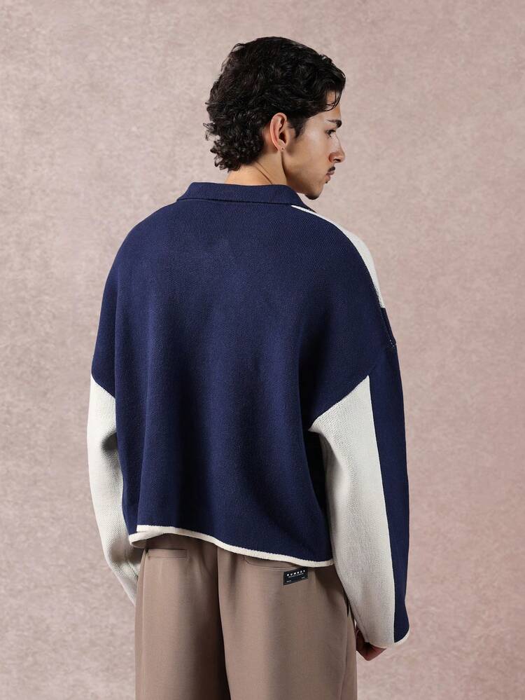 SUMWON Retro Color Block Knit Polo Collar Sweater Winter Classic Long Sleeve Preppy Textured Ribbed Casual Pullover Two Tone Oversized Loungewear Plain