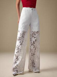 Selenza Quần Jeans Ống Rộng Phối Ren Hoa Chắp Vá Cho Nữ - trắng - Xem 5